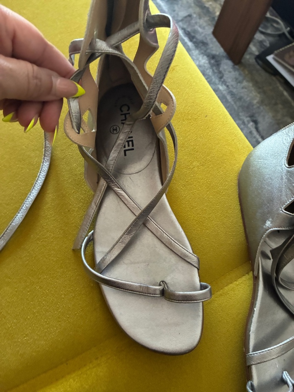 Gladiator CHANEL Pewter Lace-Up Flat Sandals size 38 1/2 good condition.